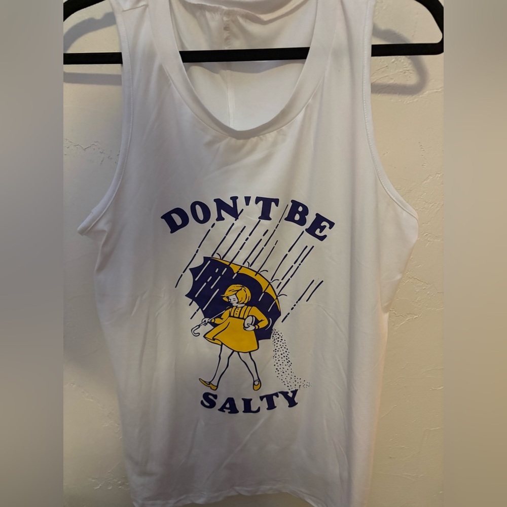Don’t Be Salty” Graphic Tank Top – White – Size 0XL (Estimated) 🧂☔